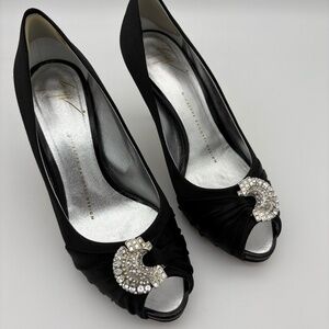 Giuseppe Zanotti Black Satin/Crystal Peep Toe High Heel; Size 37 (US 6.5)